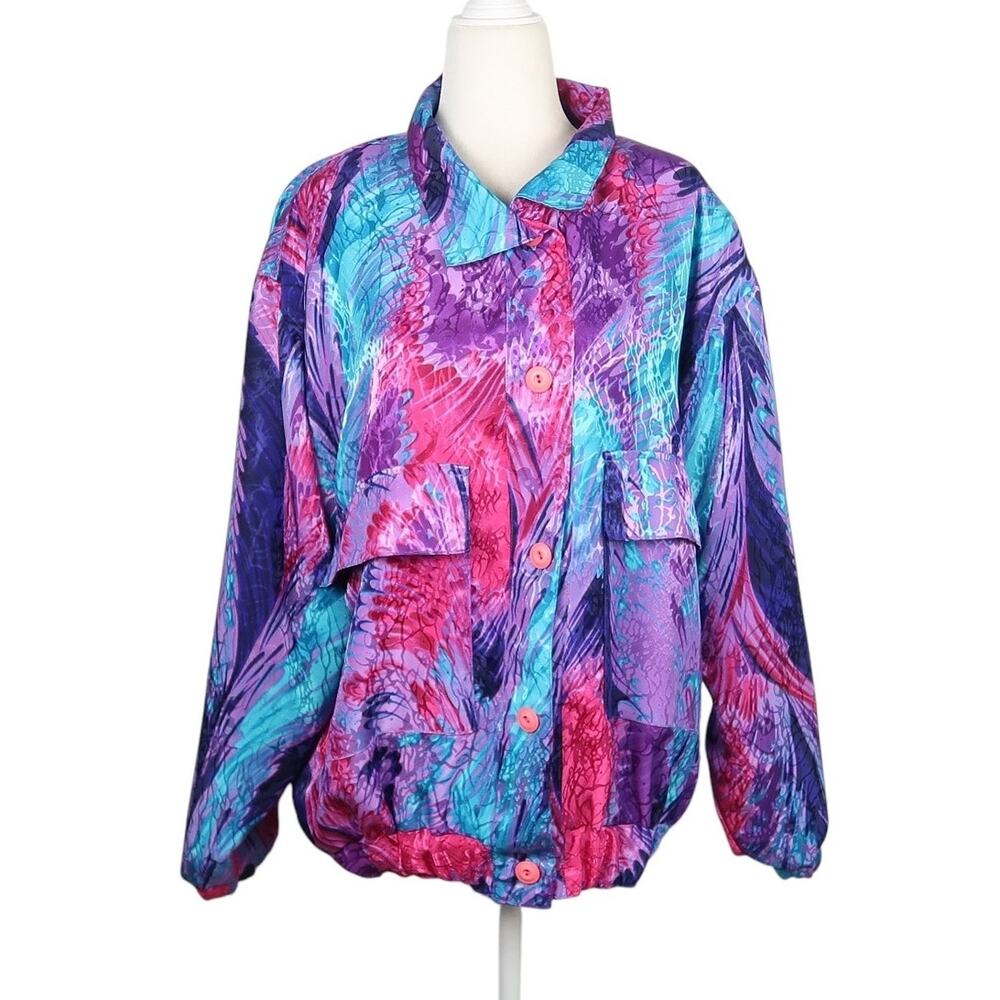 Vintage 80s Purple Blue Pink Abstract Feather Print Satin Bomber Jacket